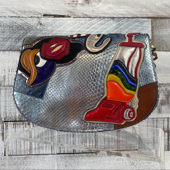 Mark Jacobs Blue Leather Snakeskin flap bag pop art lips straw vacuum eye plug - Picture 4 of 9